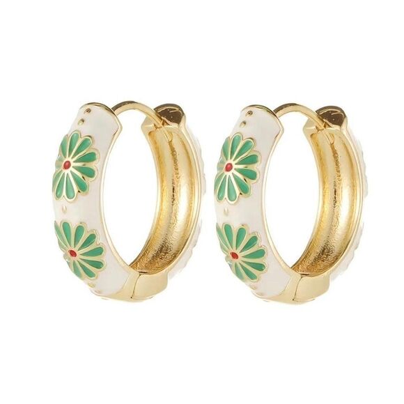 White and Green Enamel Huggie Earrnings #632 - Picture 3 of 5